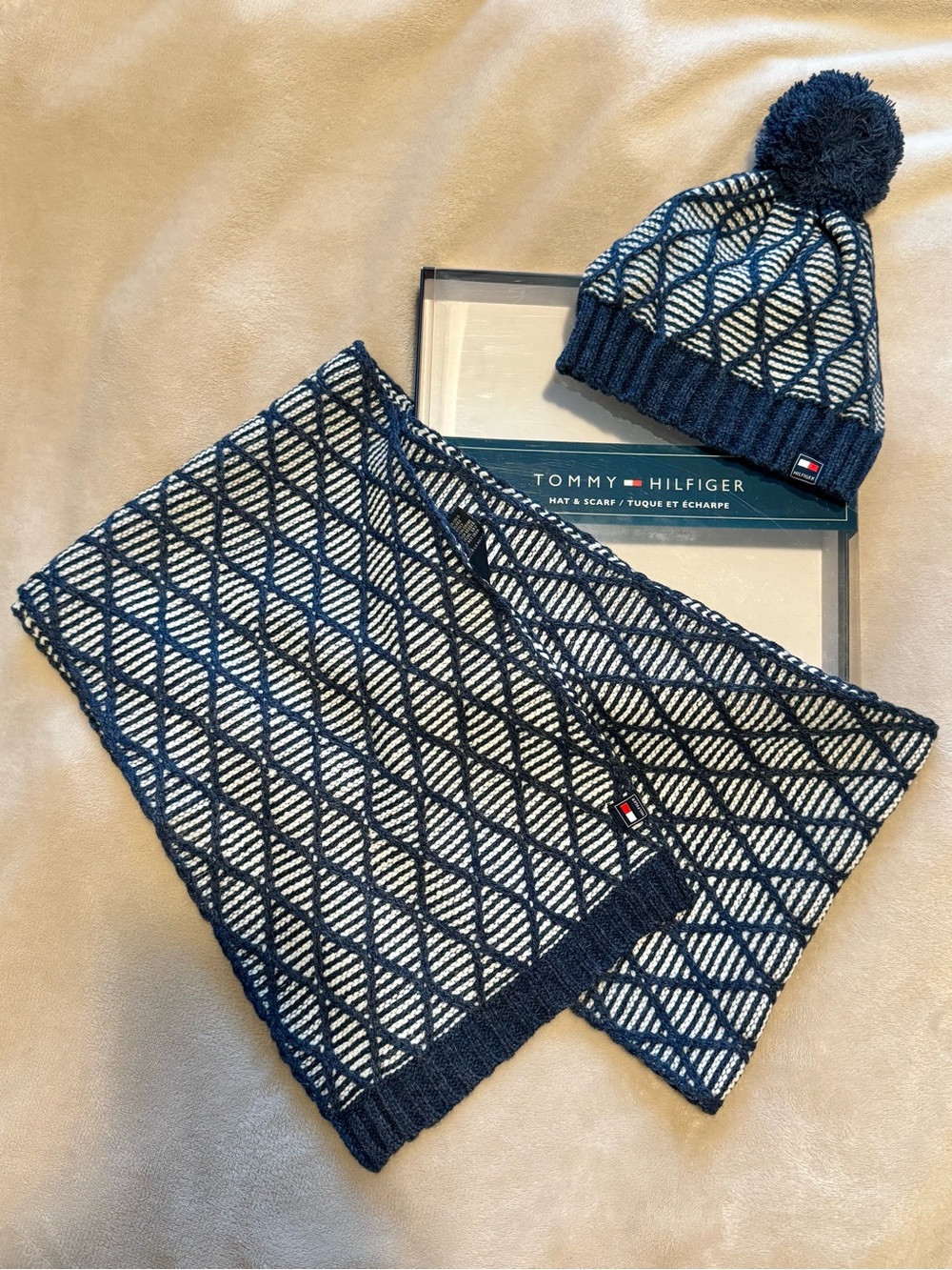 Tommy Hilfiger Navy & White Knit Pom Beanie with Matching Scarf